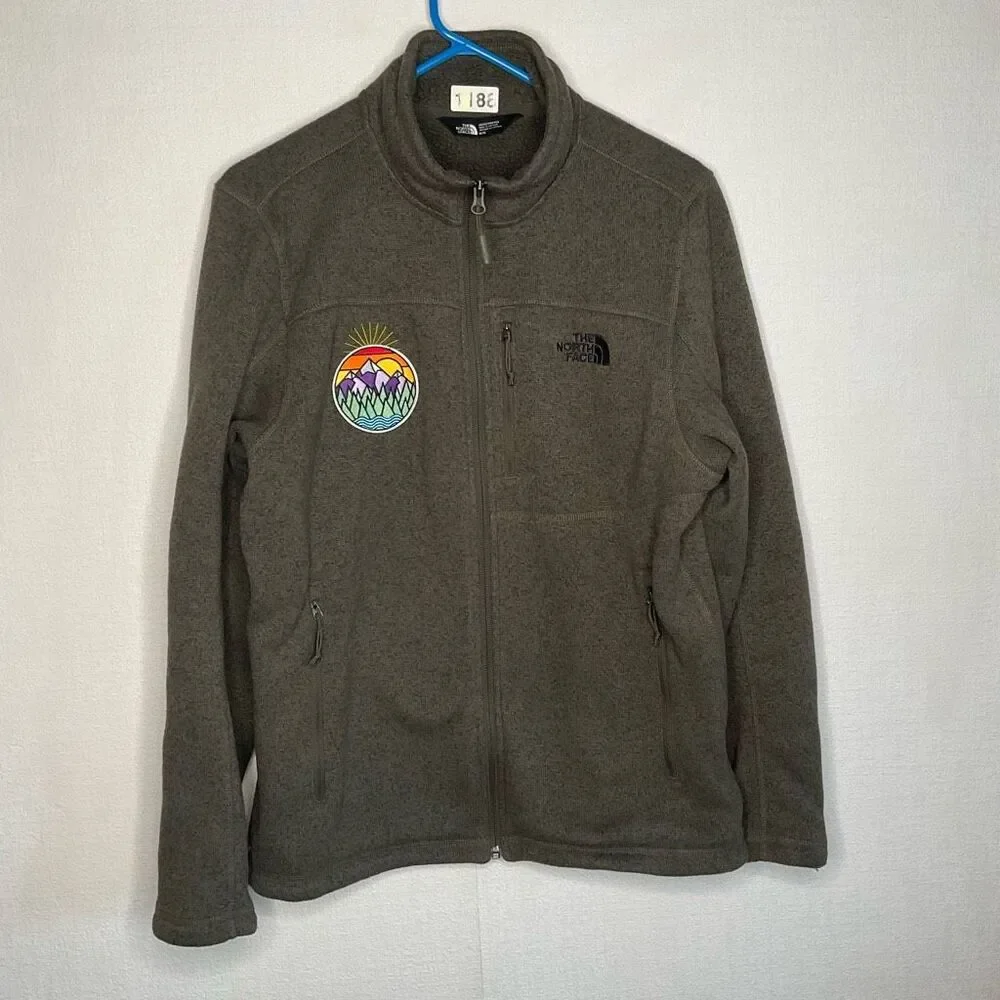 The North Face Knit Jacket mens M ZipUp Sherpa Lined Fleece Khaki Green‎ Sweater